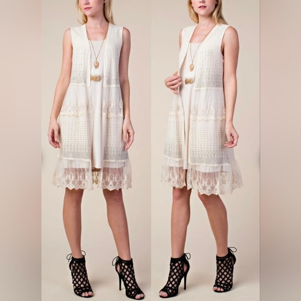 Vocal Ivory Crystal Boho Vintage Lace Ruffle Sleeveless Cardigan Vest Duster XL